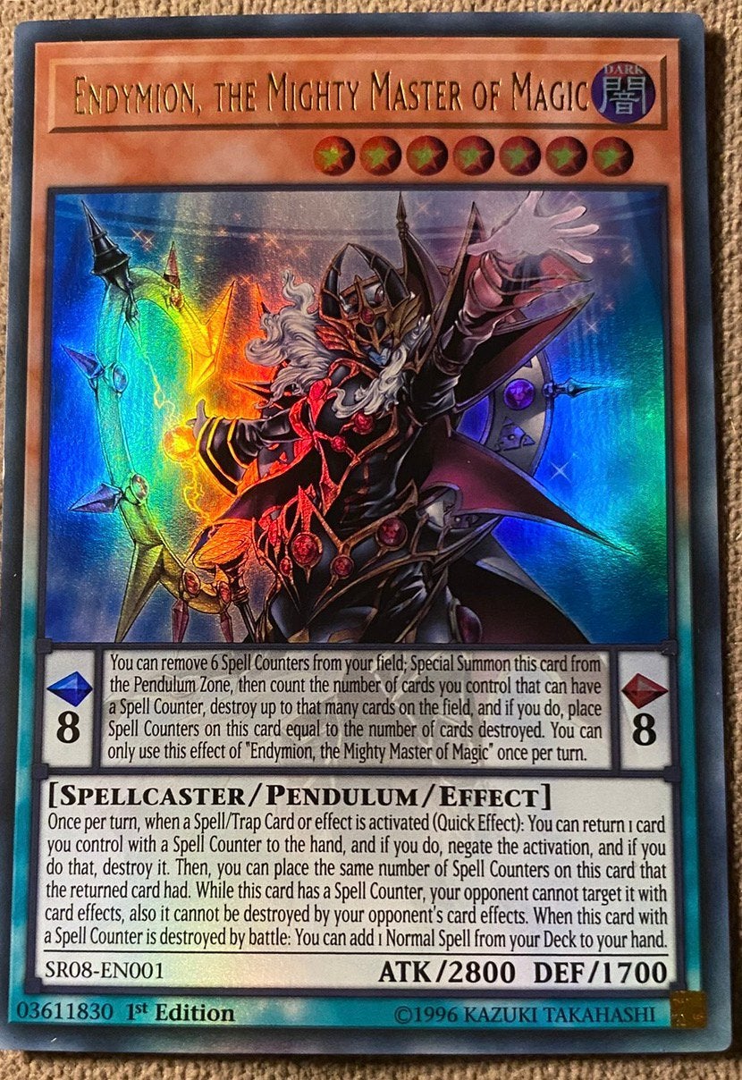 Yu-Gi-Oh! Endymion, The Mighty Master of Magic SR08 1st, Ophalen of Verzenden, Zo goed als nieuw, Losse kaart, Foil
