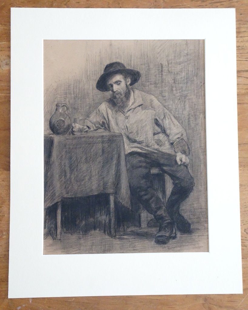 Zittende man met baardmankruik - anoniem, Ophalen of Verzenden, Tekening, Gemengde techniek, Handgemaakt