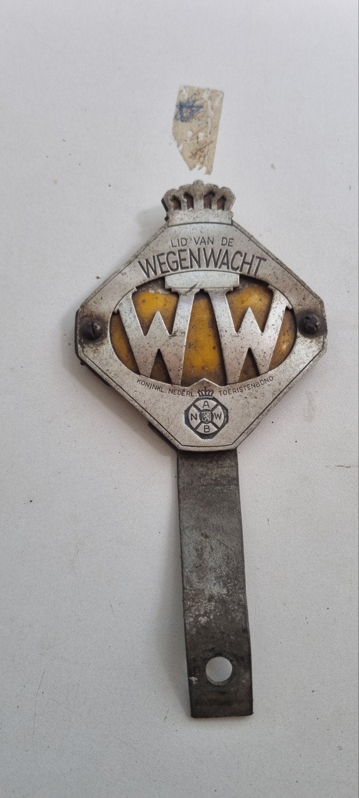 Antiek ANWB Wegenwacht schildje met bumperbeugel, Antiek en Kunst, Ophalen of Verzenden