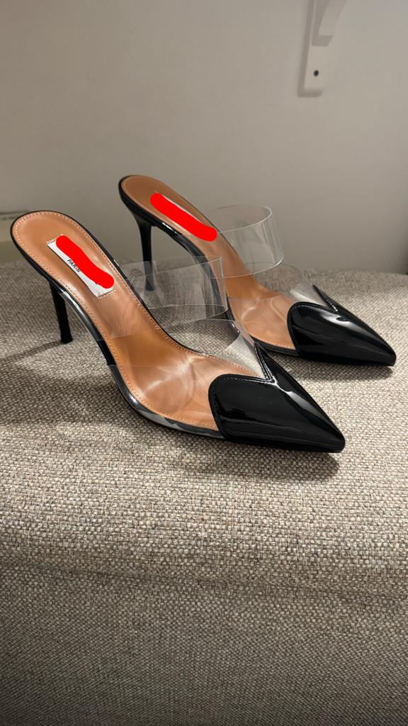 Elegante zwarte muiltjes met transparante bandjes, Ophalen of Verzenden, Zo goed als nieuw, Zwart, Sandalen of Muiltjes