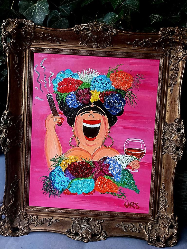 Happy Frida Kahlo: Kleurrijk en vrolijk schilderij, Antiek en Kunst, Kunst | Schilderijen | Modern, Ophalen of Verzenden