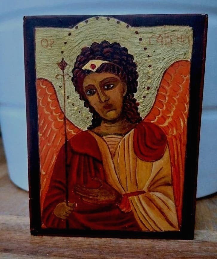 Handgeschilderd icoon van een engel - 10 x 8 cm, Antiek en Kunst, Antiek | Religie, Ophalen of Verzenden