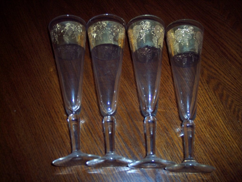 4 Italiaanse Champagenglazen met bladgoud, Ophalen, Glas of Glazen, Overige stijlen, Glas