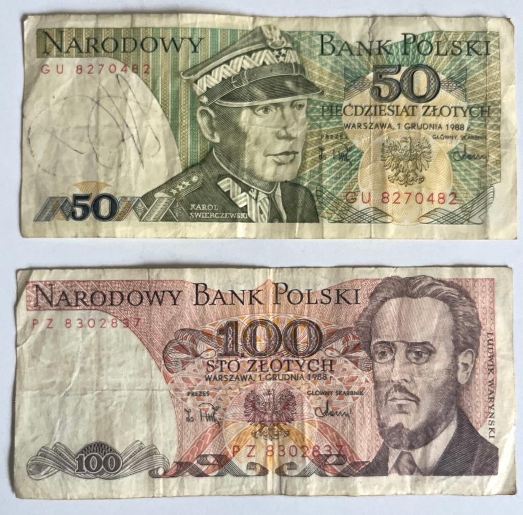 Poolse bankbiljetten van 50 en 100 Zloty (1988, gebruikt), Ophalen of Verzenden, Polen, Los biljet