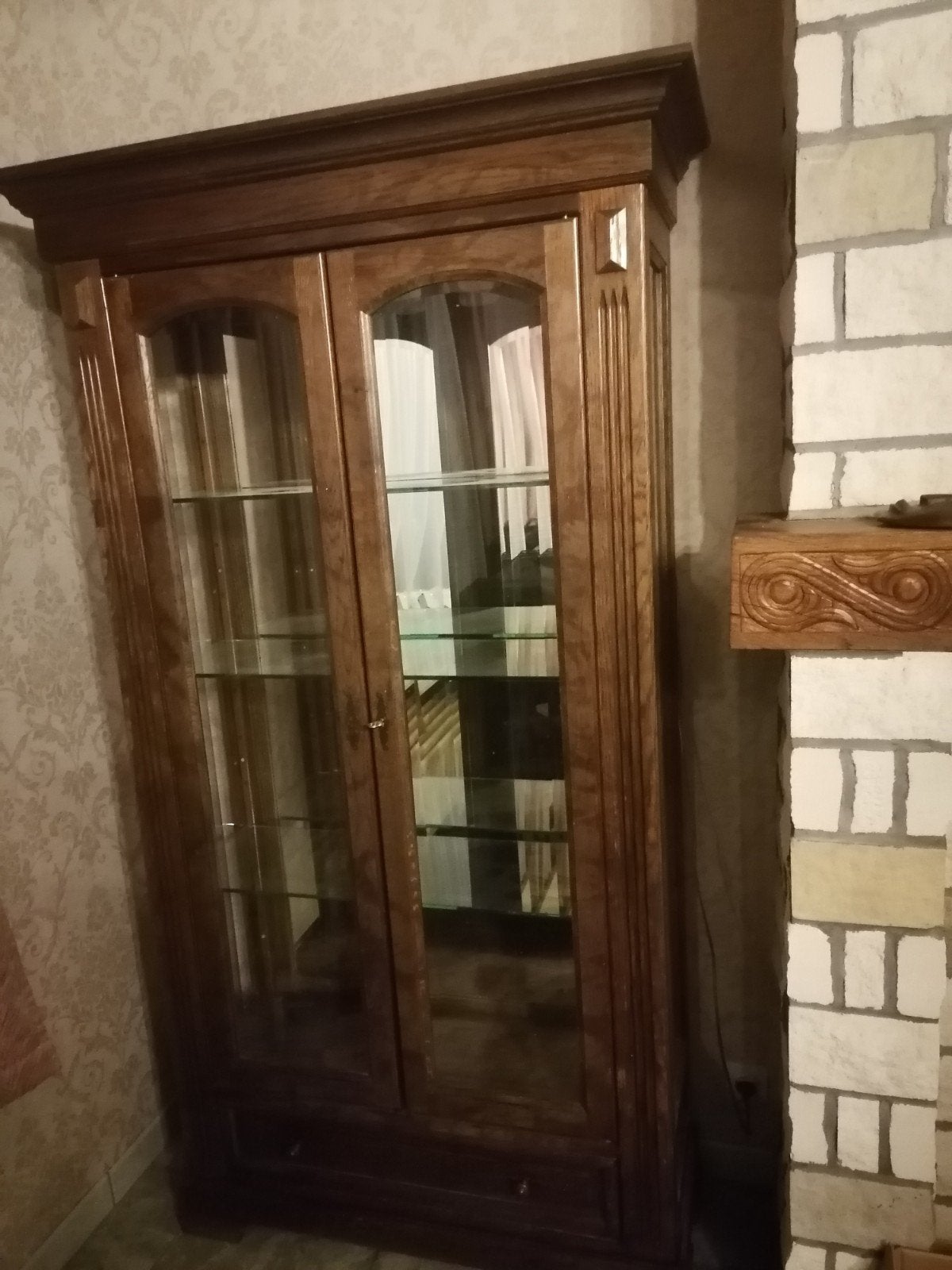 Vitrinekast Servieskast Glazenkast Verlichting Lade, Huis en Inrichting, Kasten | Vitrinekasten, Ophalen, Eikenhout, 50 tot 100 cm