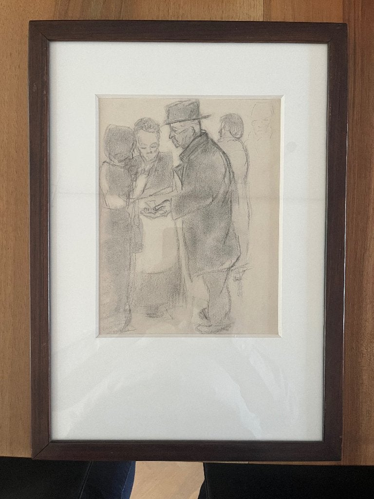 Praatje in Jodenbuurt te Amsterdam  crayon 26 x 20 cm., Antiek en Kunst, Kunst | Schilderijen | Klassiek, Ophalen, Overige stijlen
