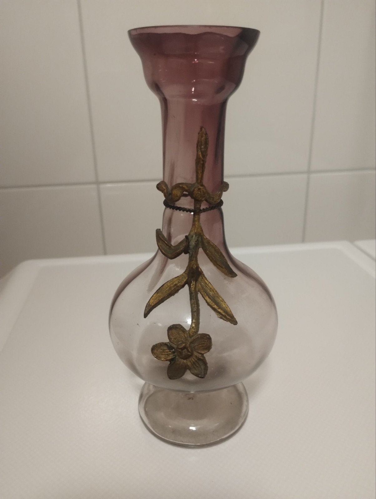 Antiek Art Nouveau knop vaasje met messing bloem (c.1900), Ophalen of Verzenden