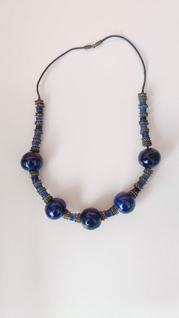 Vintage donkerblauwe statement kralen ketting, Verzenden, Gebruikt, Blauw, Overige materialen