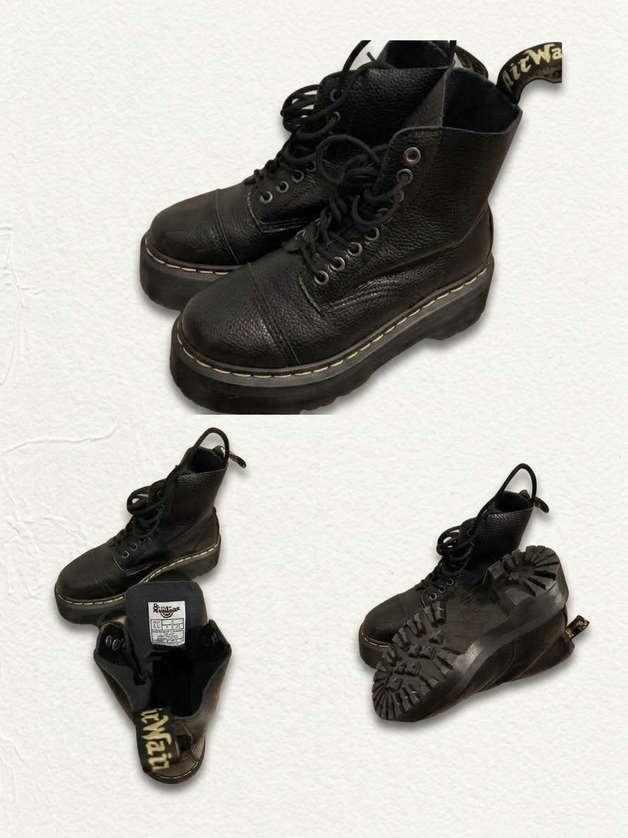 Dr. Martens Sinclair / Platform Biker Boots – Zwart Leer, Zwart, Lage of Enkellaarzen, Ophalen of Verzenden, Zo goed als nieuw