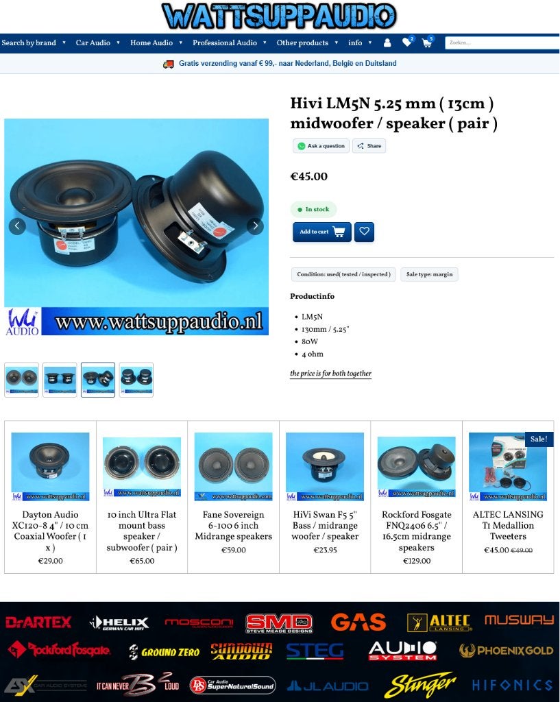 Hivi LM5N 5.25 mm ( 13cm ) midwoofer / speaker set van 2, Overige merken, Gebruikt, ., Speakerset
