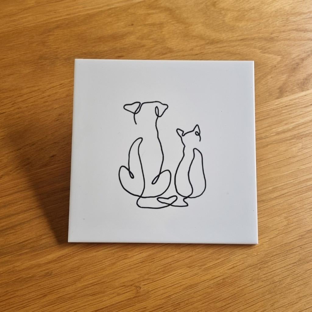 Tegeltje lijntekening lijn tekening hond kat love dog cat, Ophalen of Verzenden