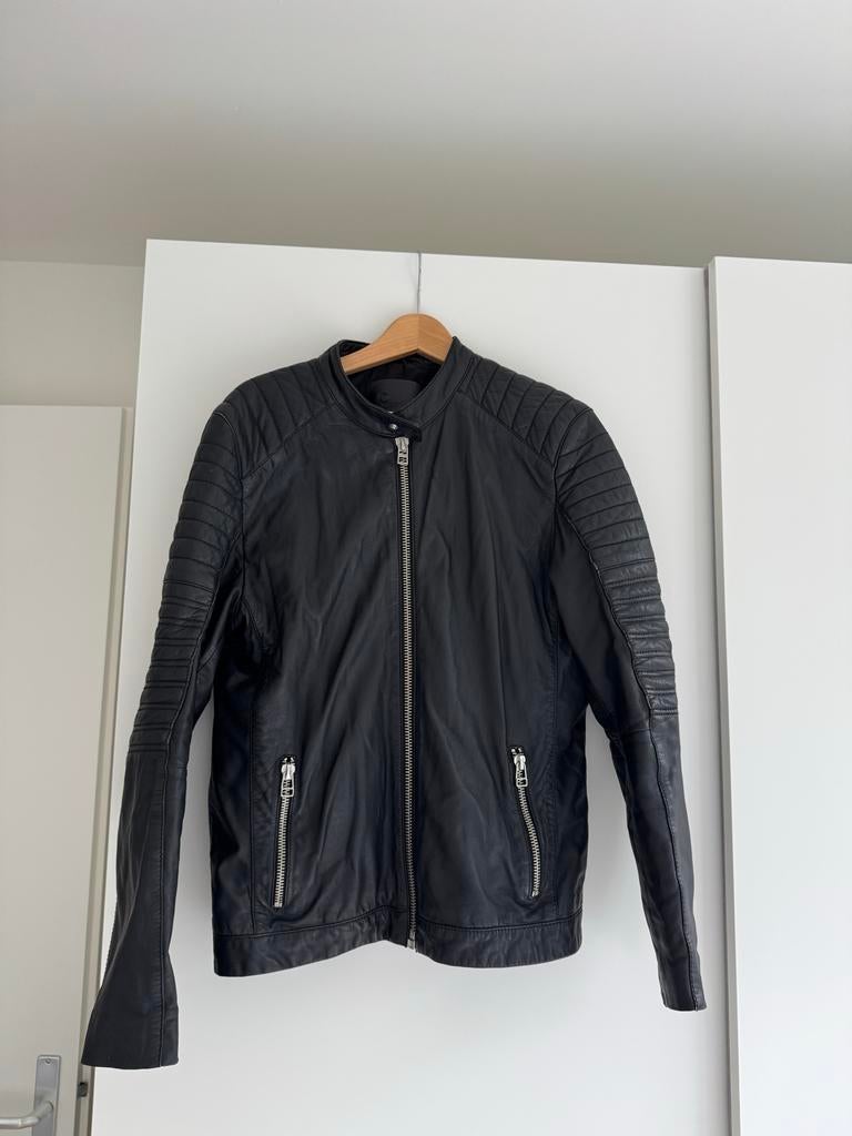 Zwart Leren Bikerjack Heren, Ophalen of Verzenden, Zo goed als nieuw, Maat 52/54 (L), Zwart