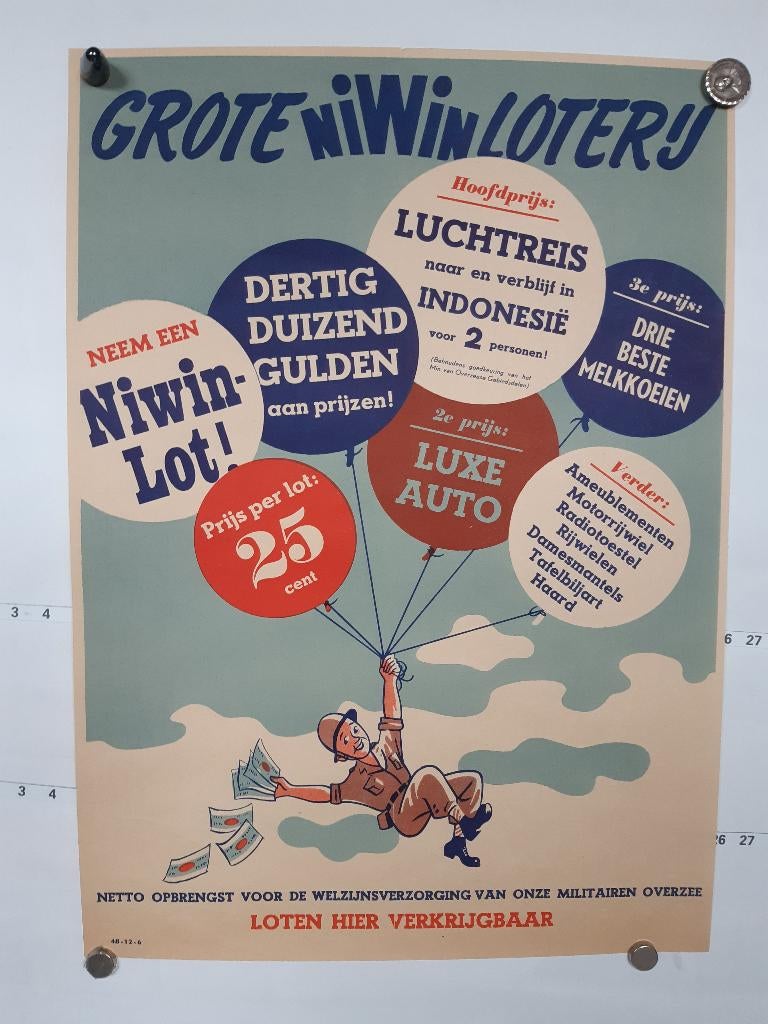 Originele poster NiWiN Loterij voor Militairen overzee Indon, Verzamelen, Verzenden, A1 t/m A3, Film en Tv, Rechthoekig Staand