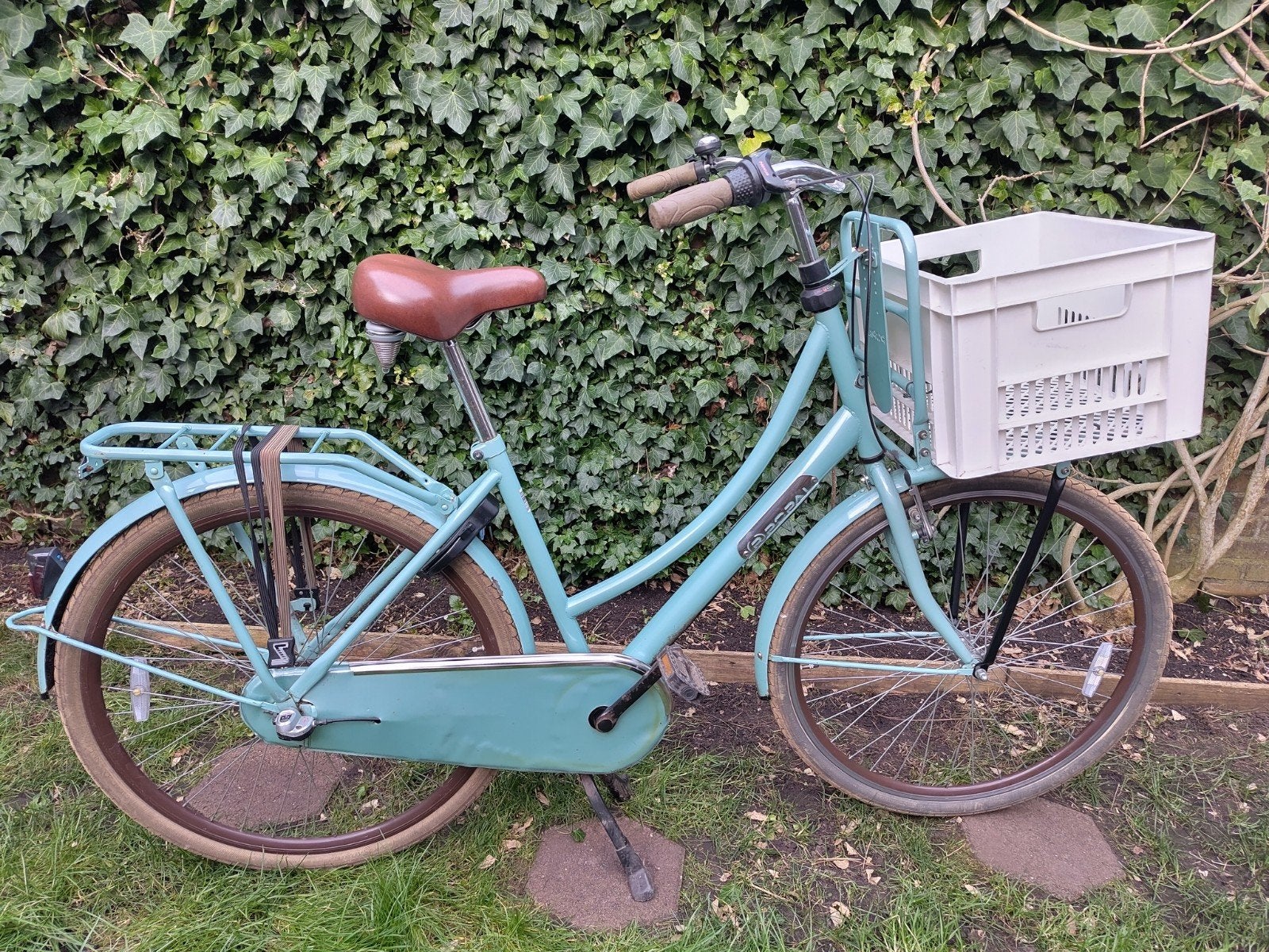 Damesfiets met voordrager en krat - Lichtblauw, Terugtraprem, Gebruikt, Versnellingen, 50 tot 53 cm