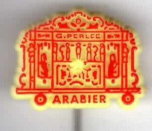 G. Perlee draaiorgel de ARABIER rood op geel speld ( W_537 ), Verzenden, Zo goed als nieuw, Merk, Speldje of Pin