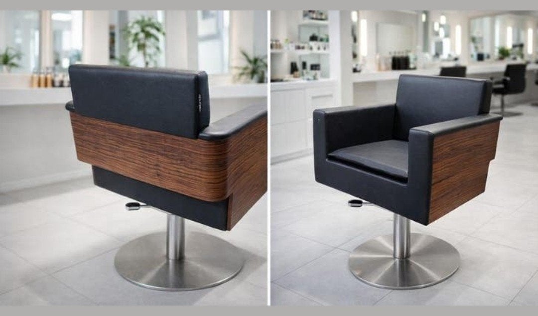 Welonda Kappersstoel - Zwart met Houten Details, Huis en Inrichting, Stoelen, Ophalen, Gebruikt, Zwart, Leer