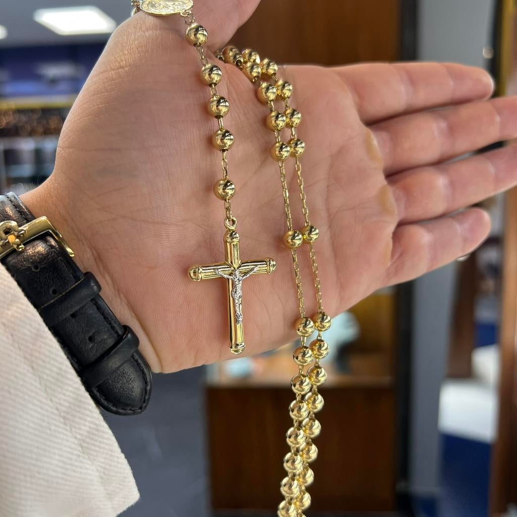 14 karaat gouden rozenkrans ketting kruis groot model, Ophalen of Verzenden, Zo goed als nieuw, Goud