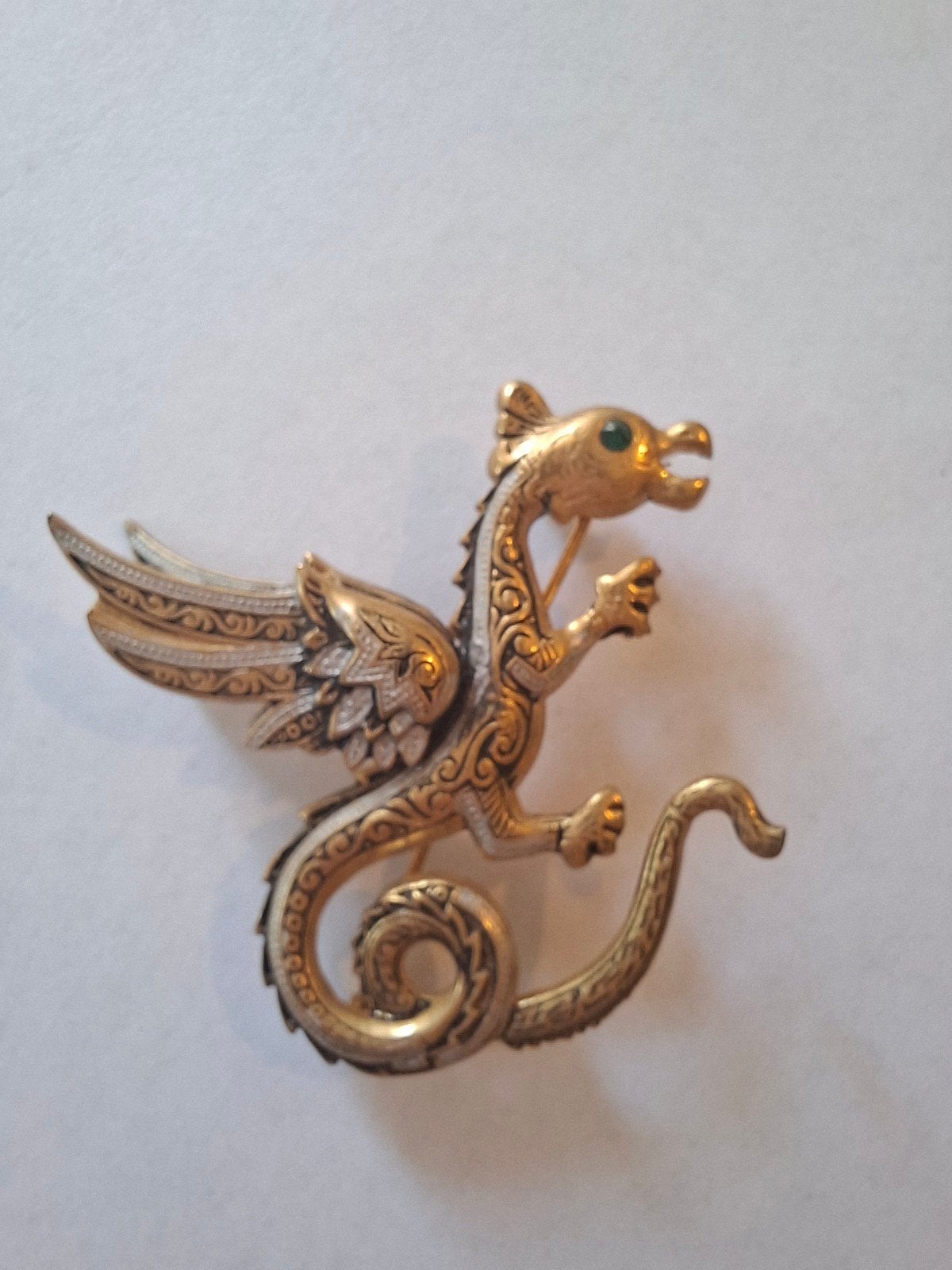 Vintage Damascene broche draak, Ophalen of Verzenden, Zo goed als nieuw, Groen, Overige materialen