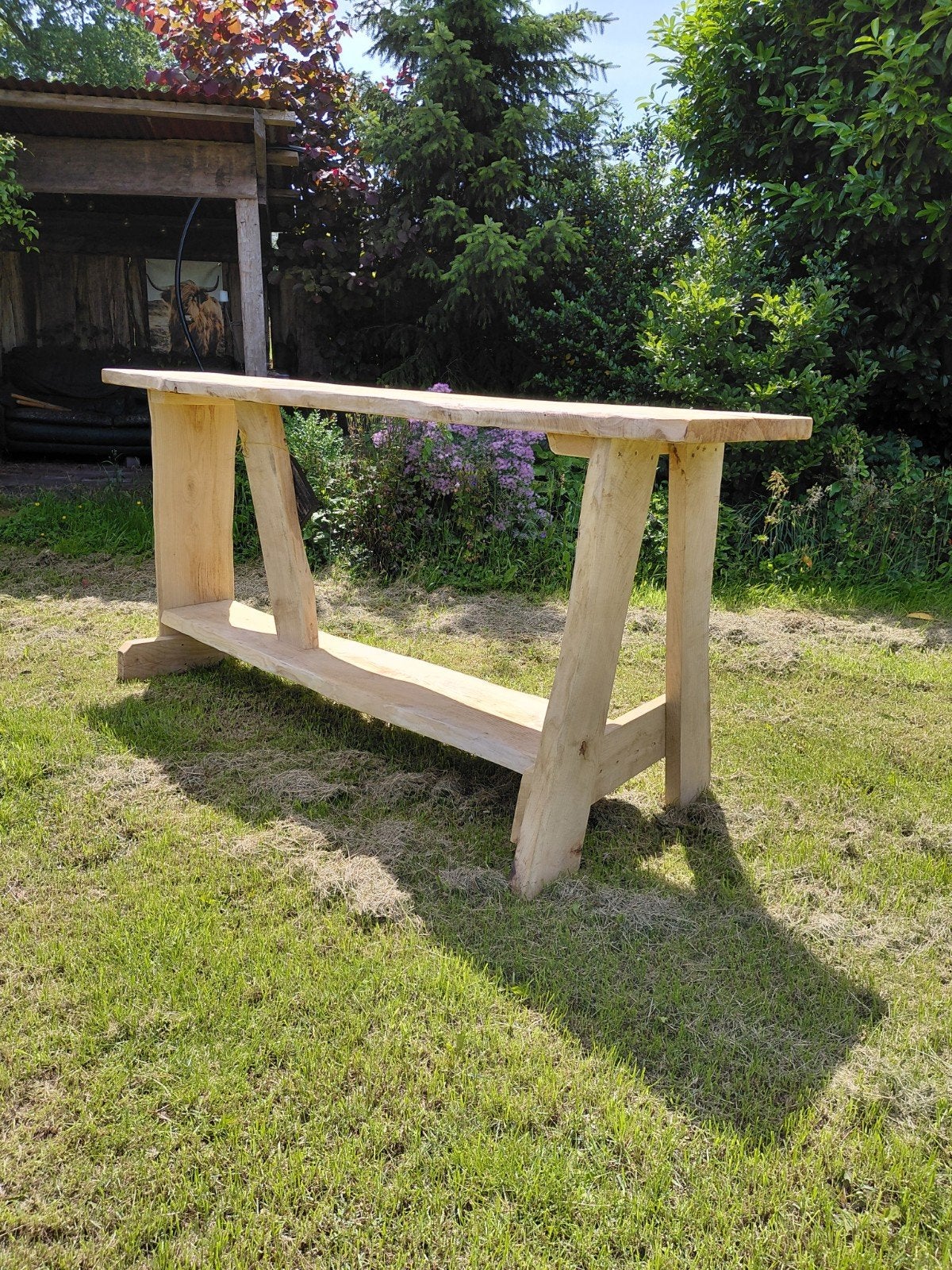 Unieke eiken statafel - 2.40m lang - Zagerij Popken, Ophalen of Verzenden, Nieuw, Rechthoekig, Hout