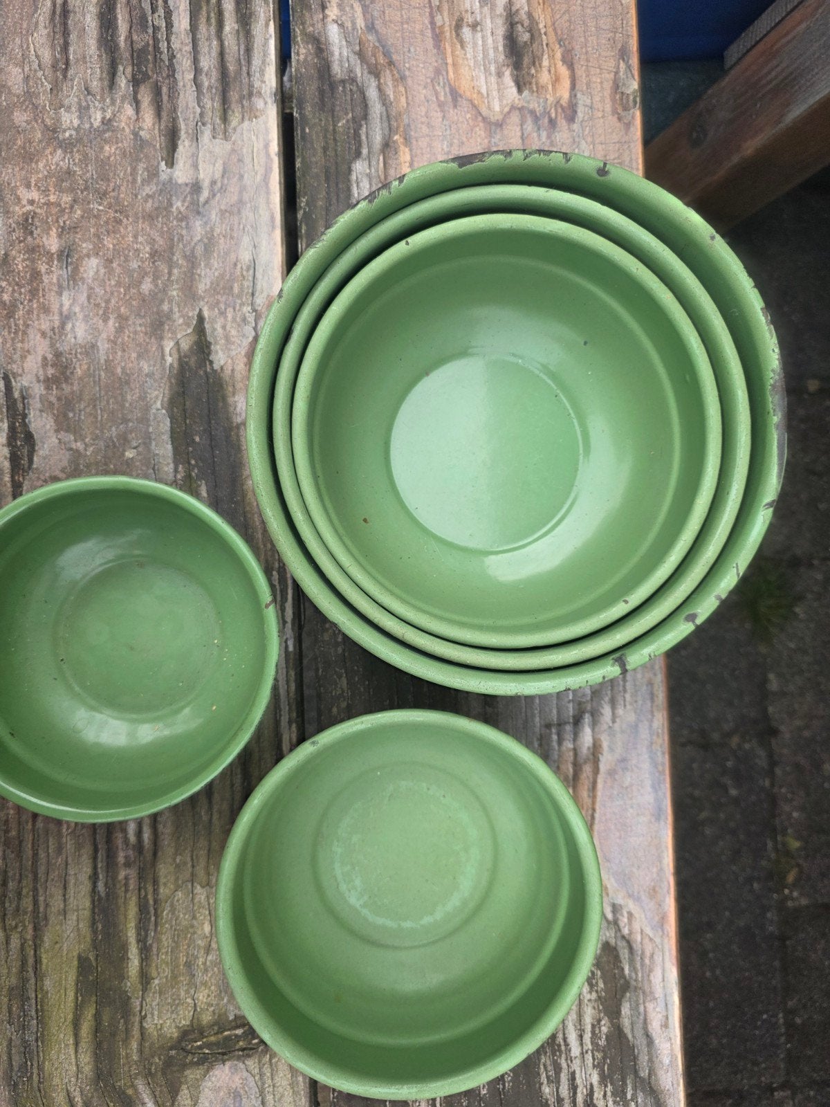 Set van 5 vintage emaille schalen - Groen, Ophalen of Verzenden