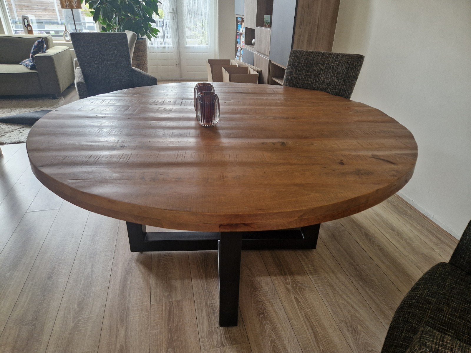 Ronde Mangohouten Eettafel - 150 cm met Zwart ijzeren  Frame, Gebruikt, 150 tot 200 cm, Rond, 150 tot 200 cm