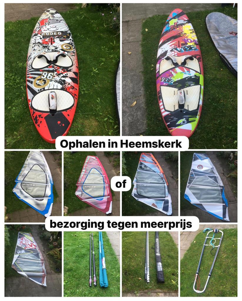 Diverse windsurfartikelen: planken, zeilen, masten, giek, Gebruikt, Met giek, 3.5 tot 5 m², Minder dan 250 cm