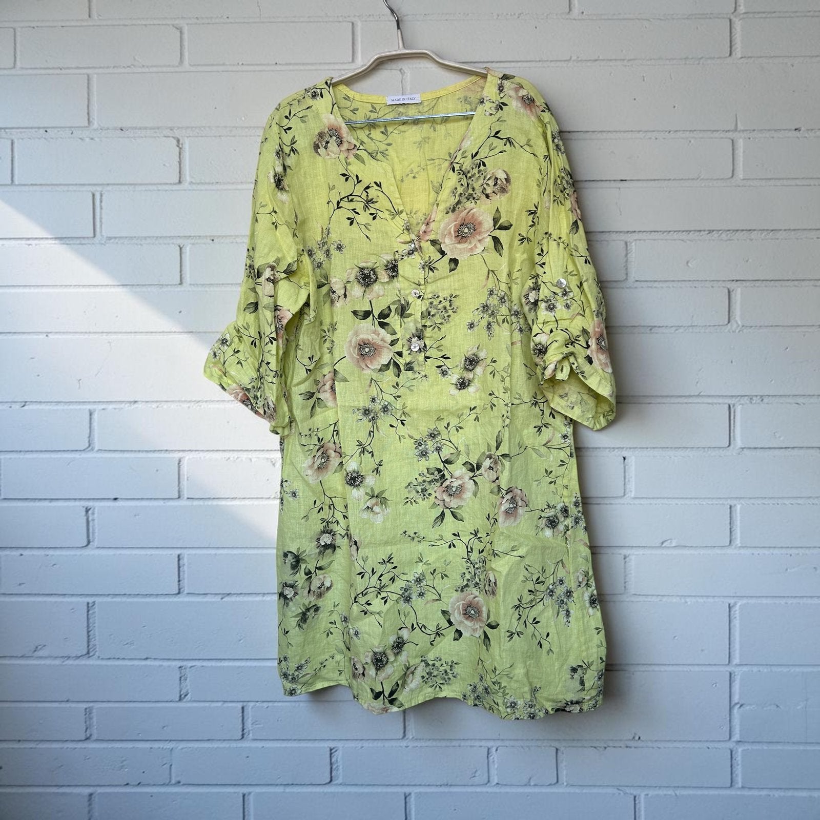 Made in Italy Jurk One Size Neon Geel Bloemenprint Linnen, Verzenden, Maat 46/48 (XL) of groter, Zo goed als nieuw, Knielengte