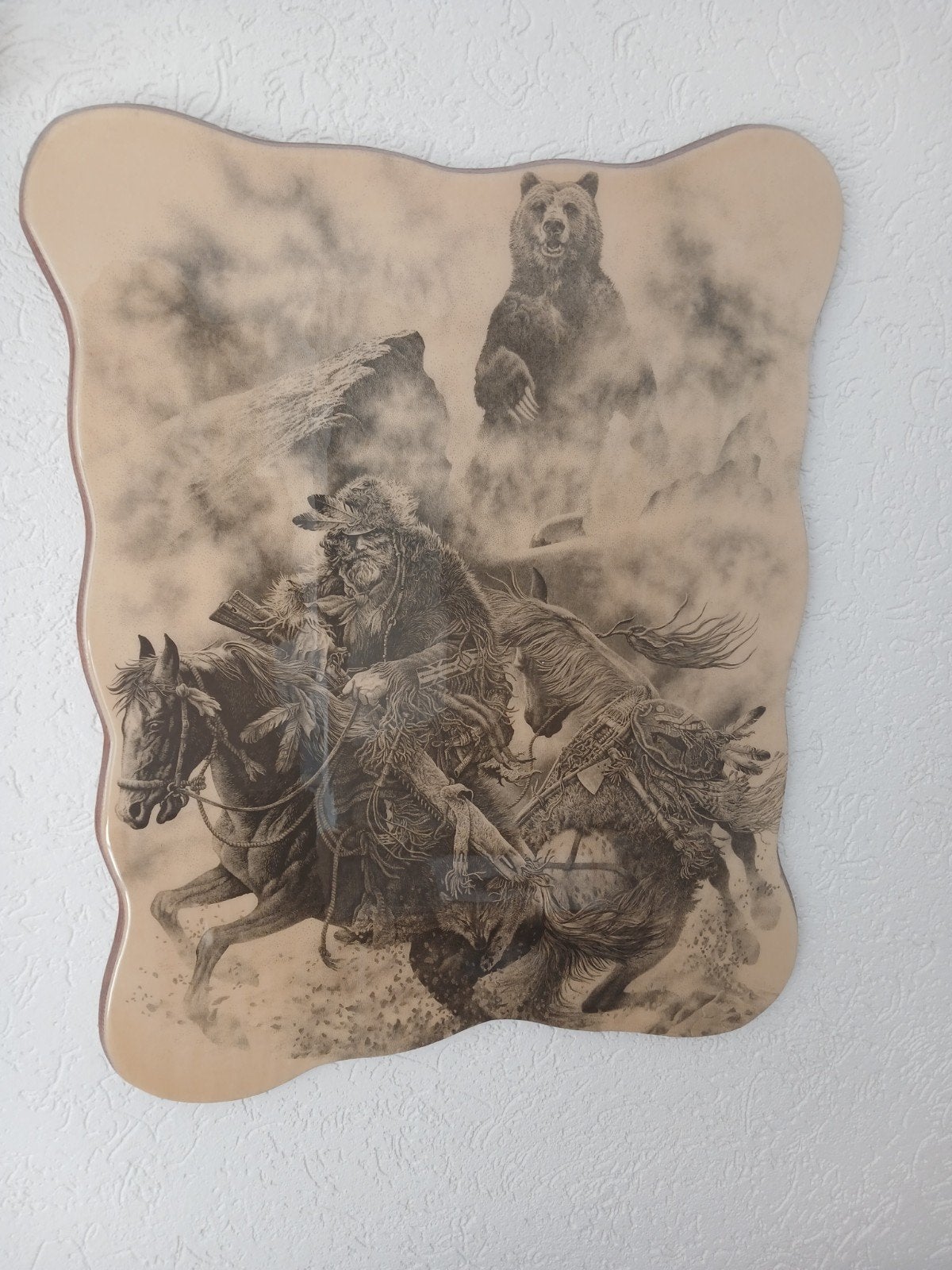 Uniek schilderij: man te paard met beer op achtergron, Antiek en Kunst, Kunst | Schilderijen | Klassiek, Ophalen of Verzenden