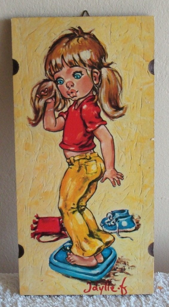 1 schilderijtje meisje op weegschaal retro/vintage jaren 70, Verzenden, Minder dan 50 cm, Overige typen