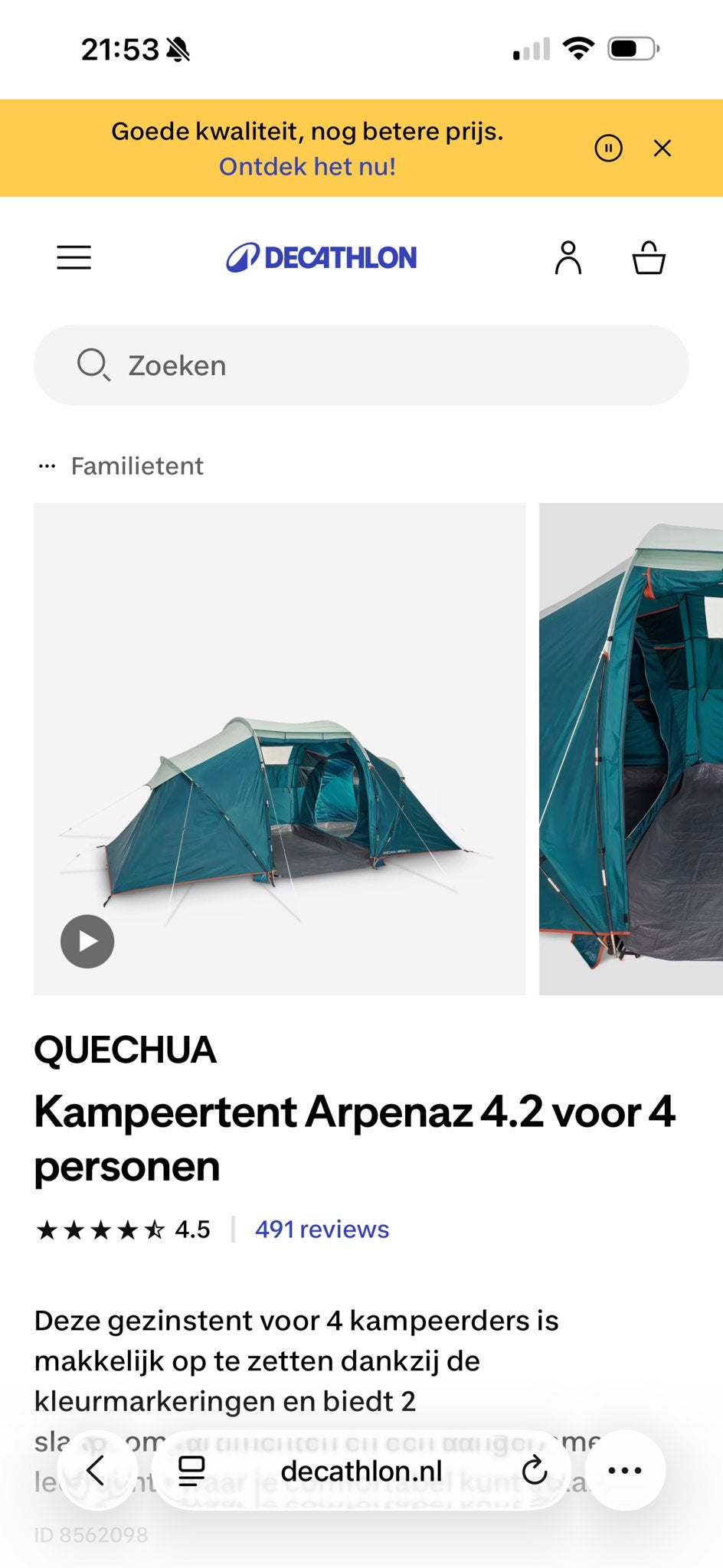 Zo goed als nieuwe Quechua Arpenaz 4.2 familietent, Ophalen of Verzenden, Zo goed als nieuw, Tot en met 4