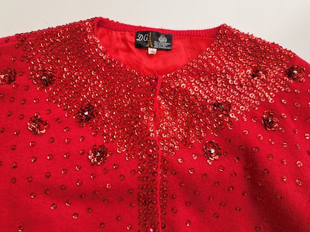 D G retro rood wol angora vest met lovertjes, 40 /42, Maat 38/40 (M), Ophalen of Verzenden, Gedragen, D G