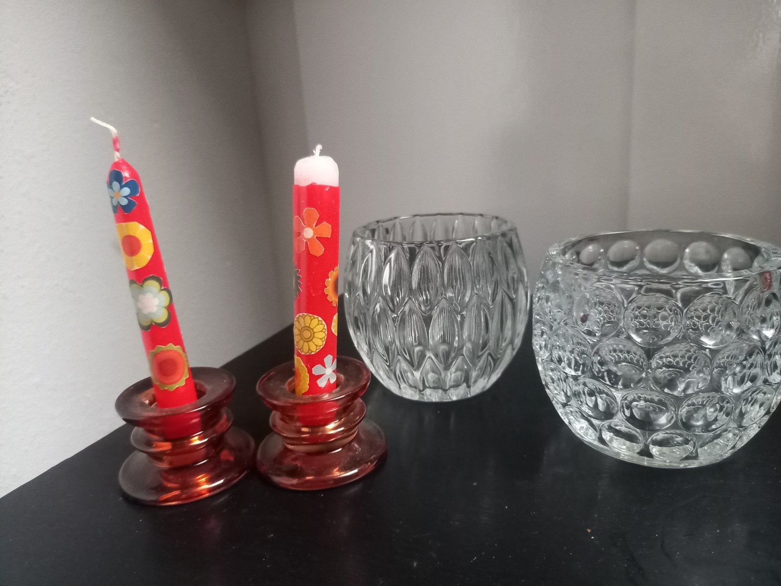 Vintage glazen theelichthouders en kandelaars set, Antiek en Kunst, Ophalen of Verzenden, Glas