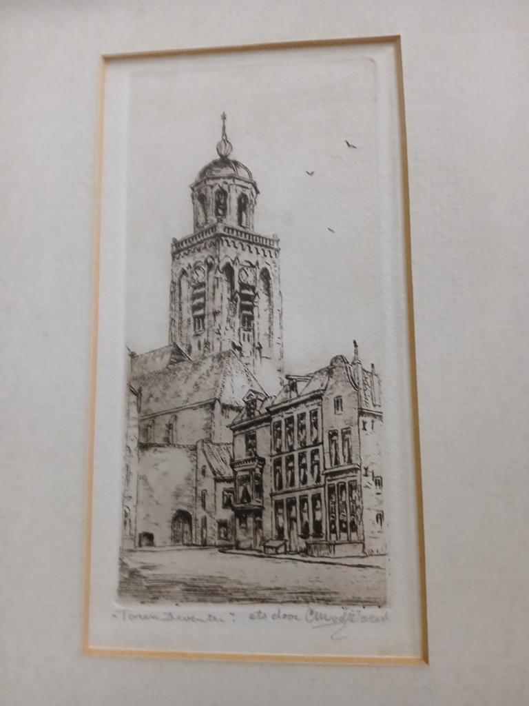 Ets van de toren van Deventer, Antiek en Kunst, Kunst | Etsen en Gravures, 26 cm, Ets, Architectuur, 38 cm