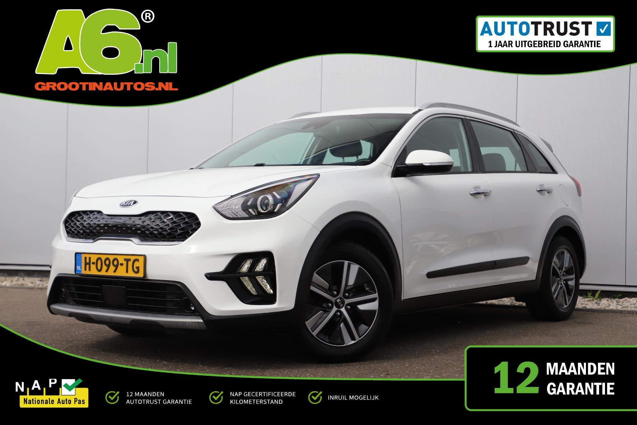 Kia Niro 1.6 GDi Hybrid DynamicLine Navigatie Achteruitrijca, Auto's, Kia, Gebruikt, Euro 6, Leder en Stof, Wit