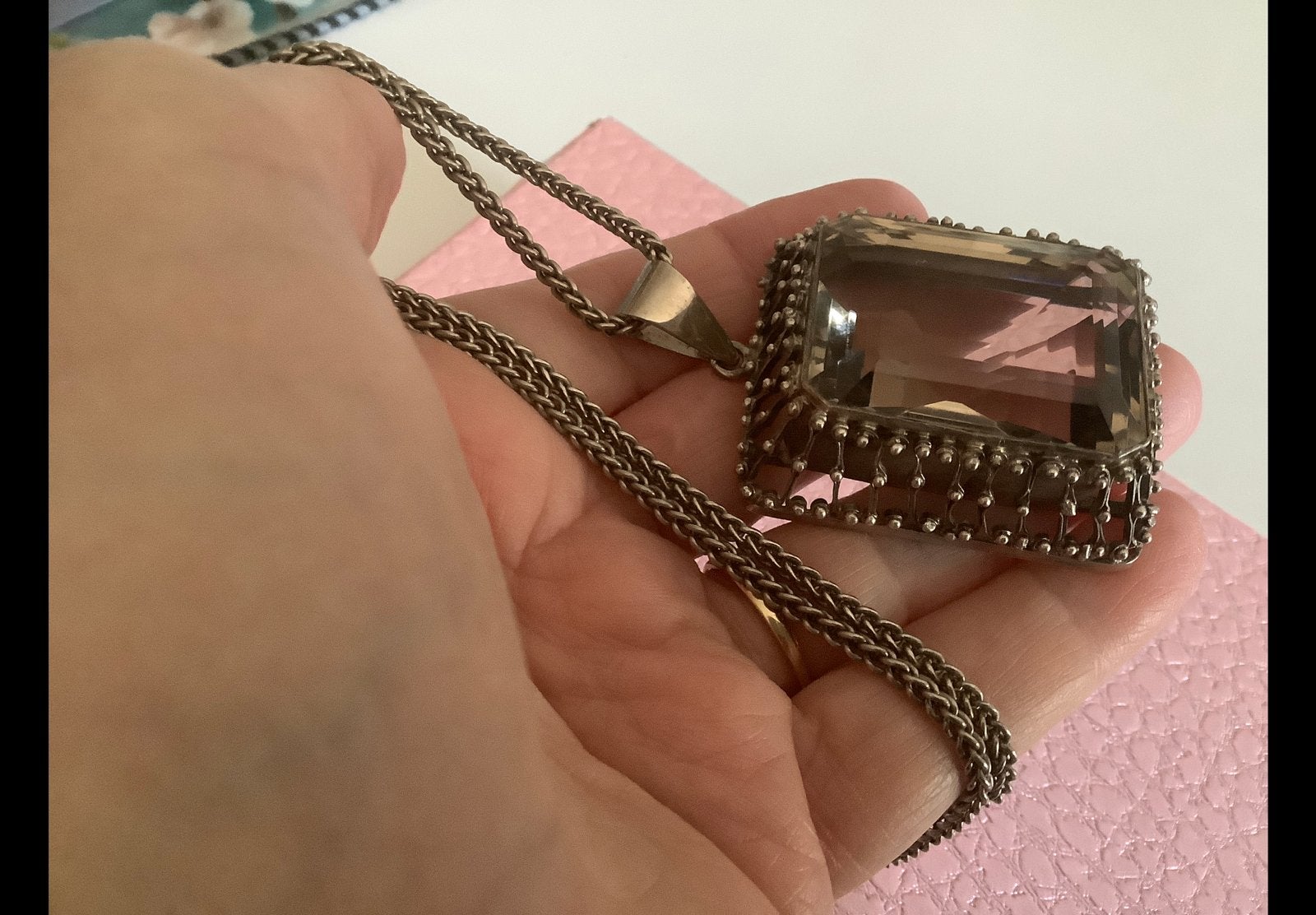 Bijzonder vintage zilveren Kettinghanger ketting Rookkwarts, Overige voorstellingen, Verzenden, Zo goed als nieuw, Met edelsteen