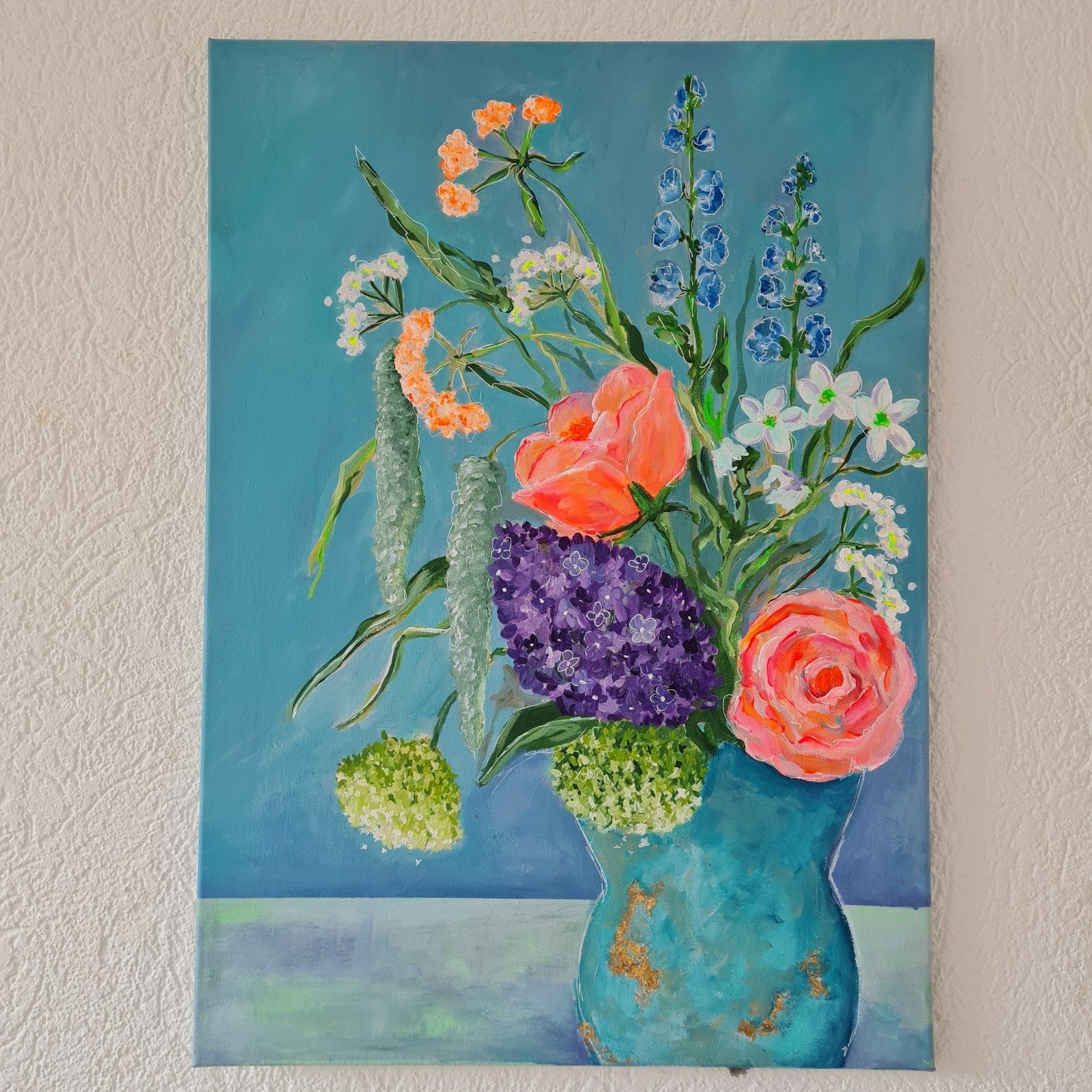 Schilderij: Vaas met Bloemen - Neon Verf & Mooie Kleuren, Acrylverf, Handgeschilderd, Ophalen of Verzenden, Bloemen