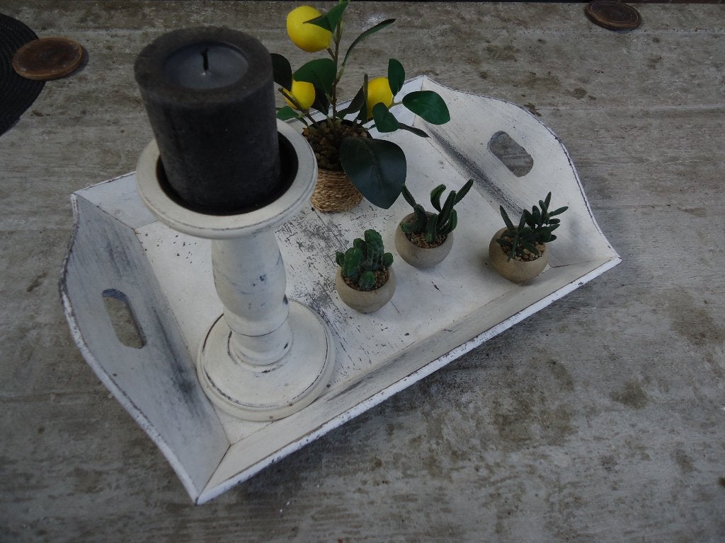 Vintage houten plateau en kandelaar met antieke uitstraling, Huis en Inrichting, Woonaccessoires | Dienbladen, Gebruikt, Ophalen of Verzenden