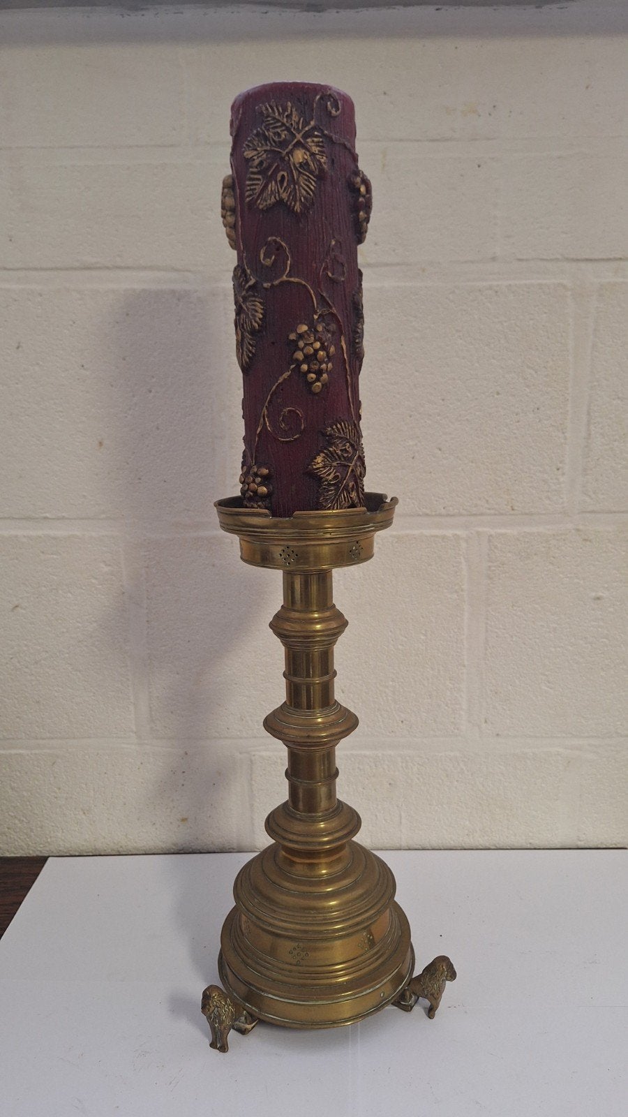 Antieke koperen kandelaar met leeuwenpoten, Antiek en Kunst, Ophalen of Verzenden