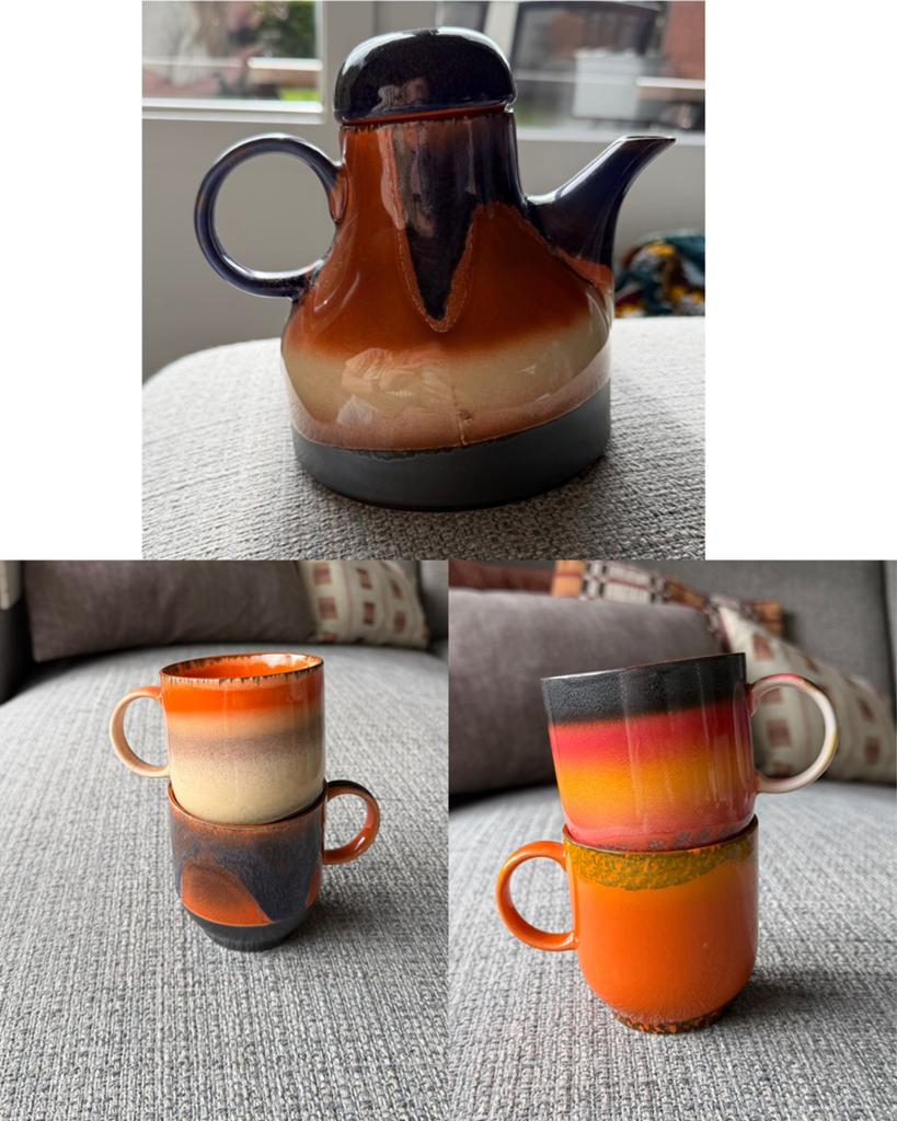 HKliving 70's Keramiek Koffiepot en Mokken Set - Ongebruikt, Ophalen