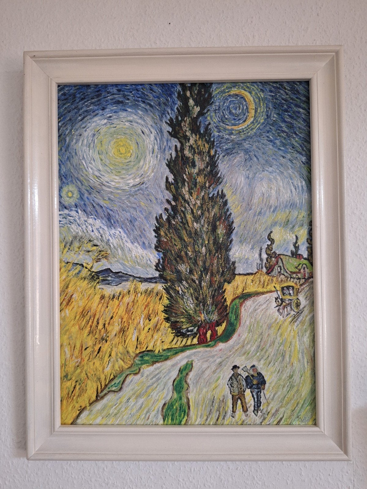 Schilderij in stijl van Van Gogh - Cypres en sterrennacht, Handgeschilderd, Doek, Expressionistisch, Ophalen of Verzenden