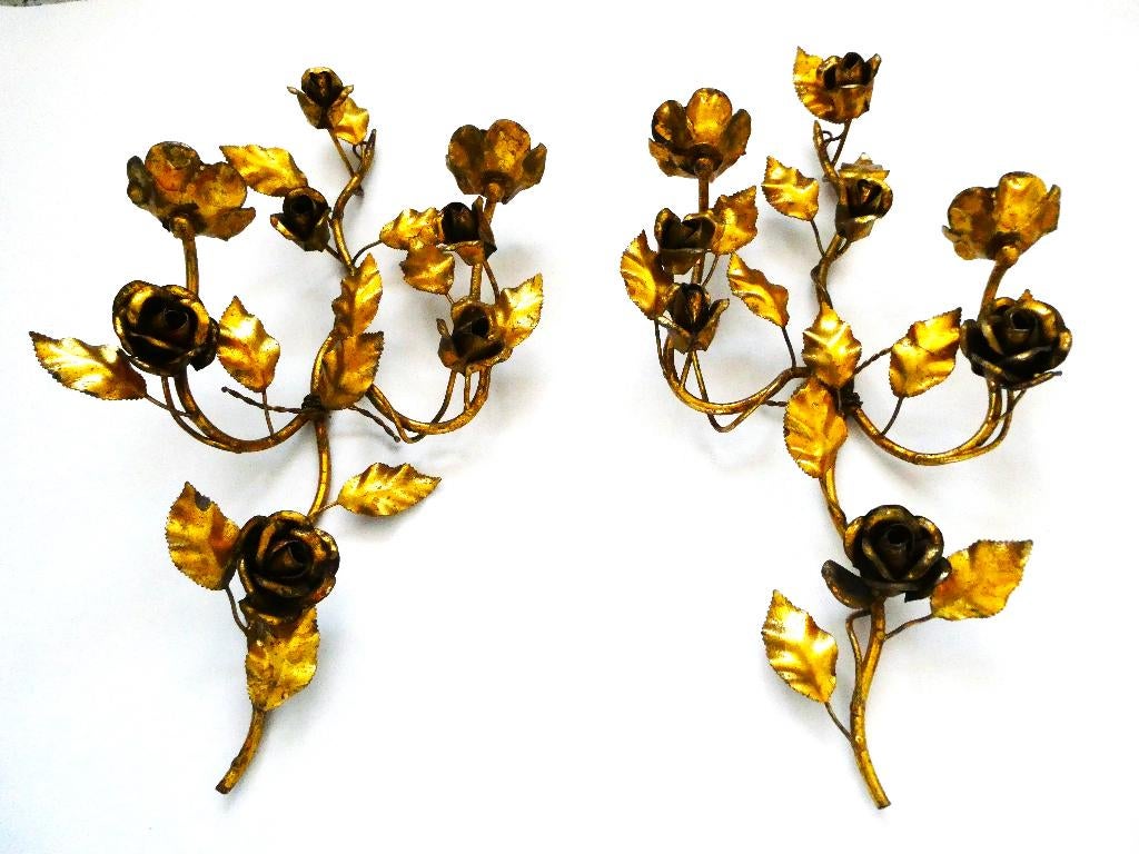 2 Goudvergulde wandkandelaars kandelaar rozentakken, Ophalen of Verzenden, Koper of Brons