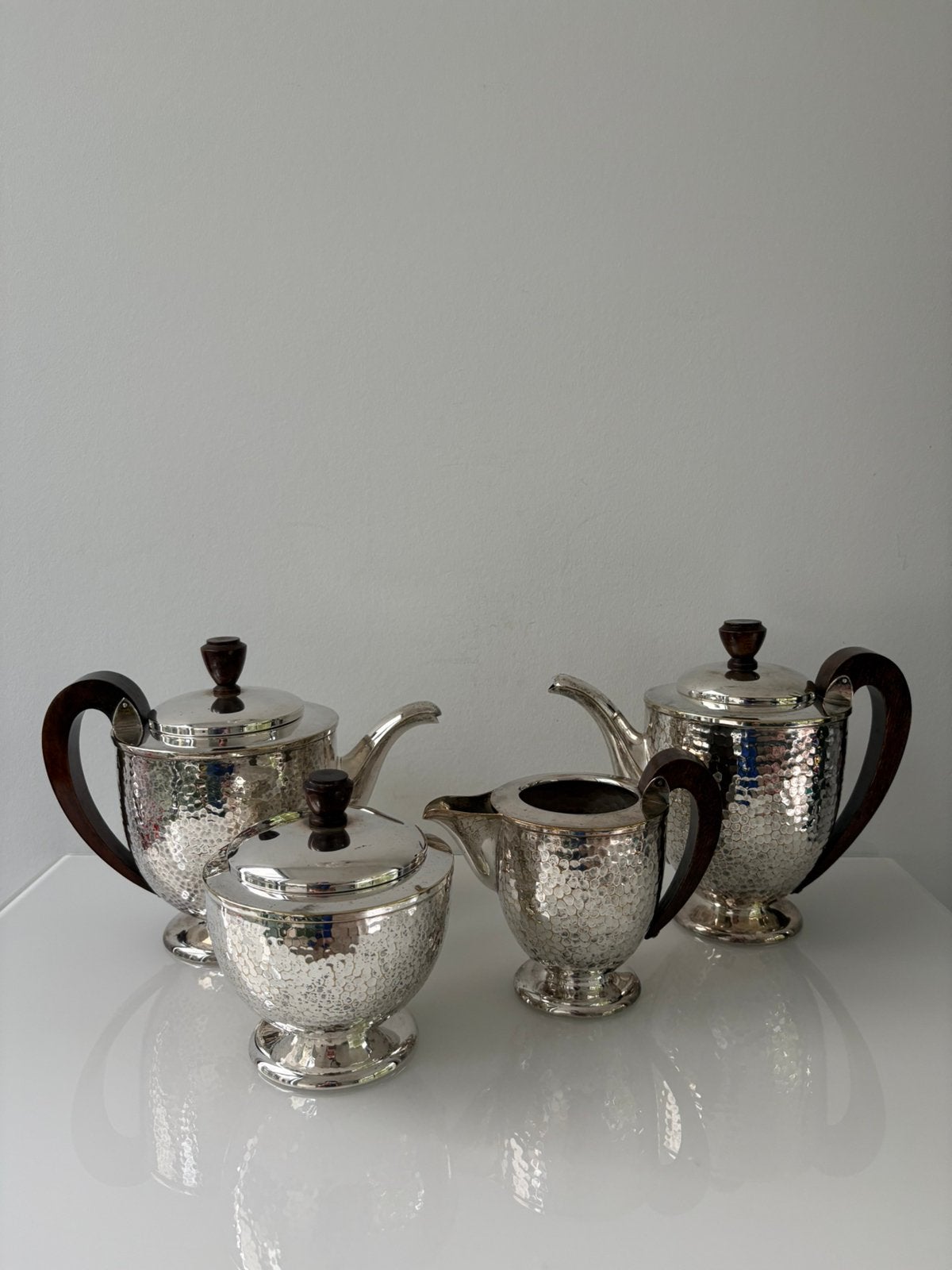 Art Deco vierdelig koffie- en theeservies (1925-1930), Ophalen of Verzenden, Zilver