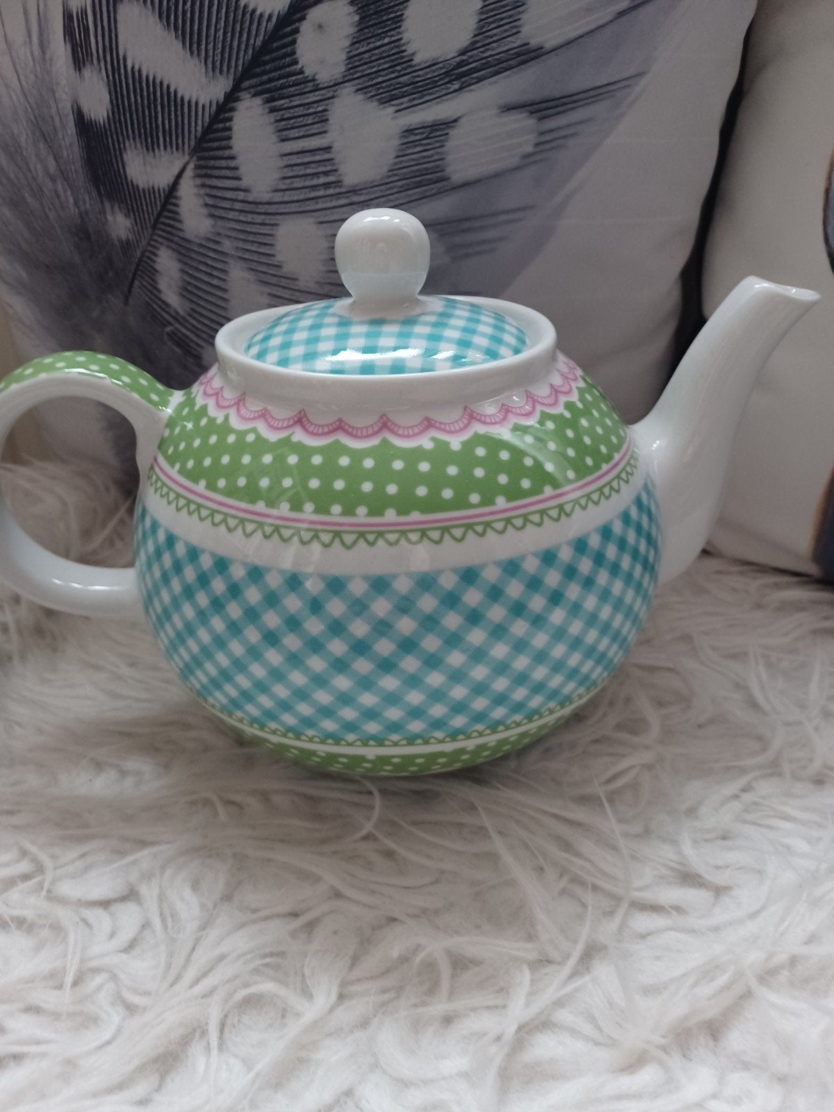 Lof Juuw Theepot  Groen, Blauw, Wit Geruit en Gestippeld, Keramiek, Overige typen, Ophalen of Verzenden, Zo goed als nieuw