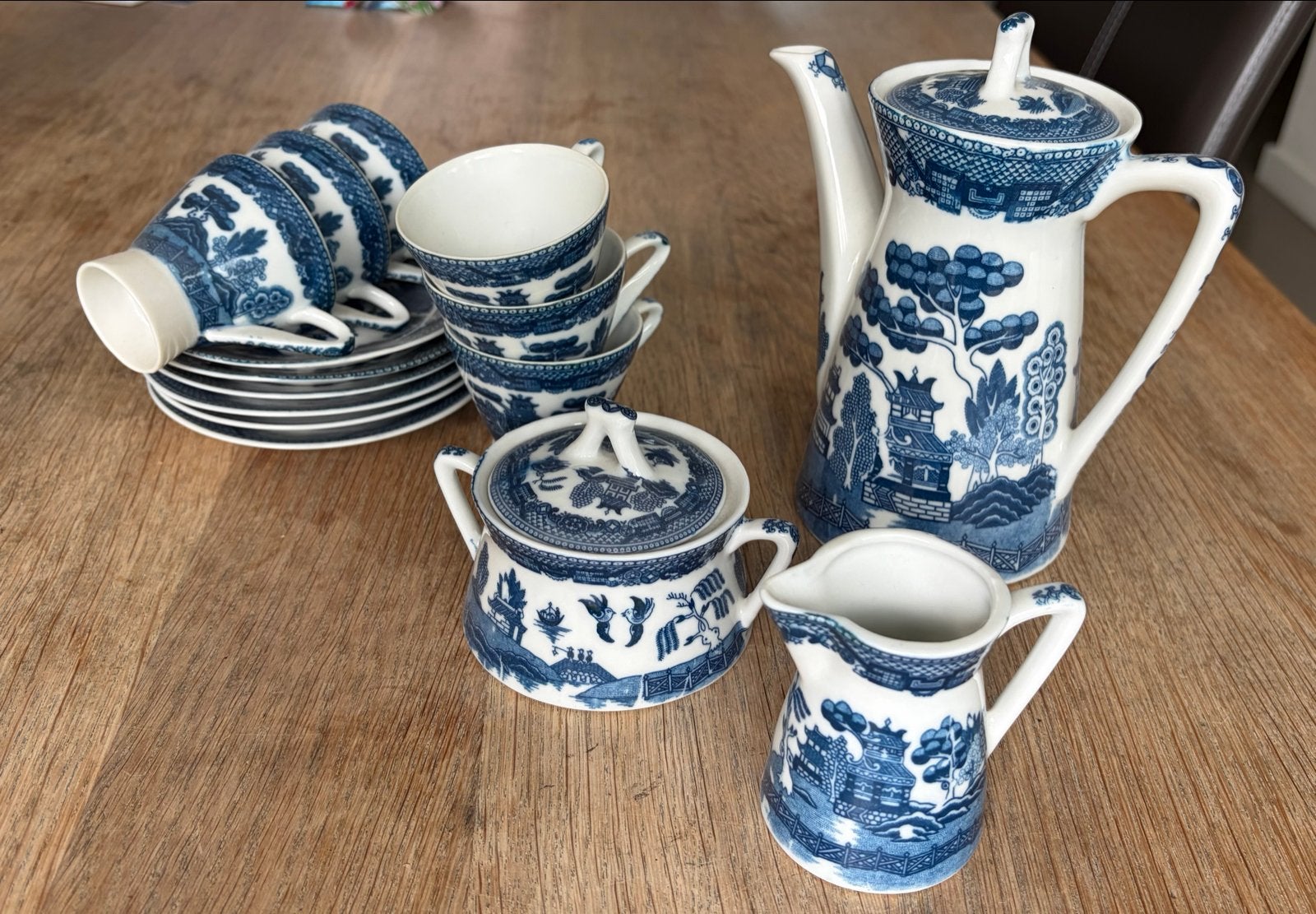 Vintage Willow Pattern Koffie/Theeservies - Blauw/Wit, Ophalen