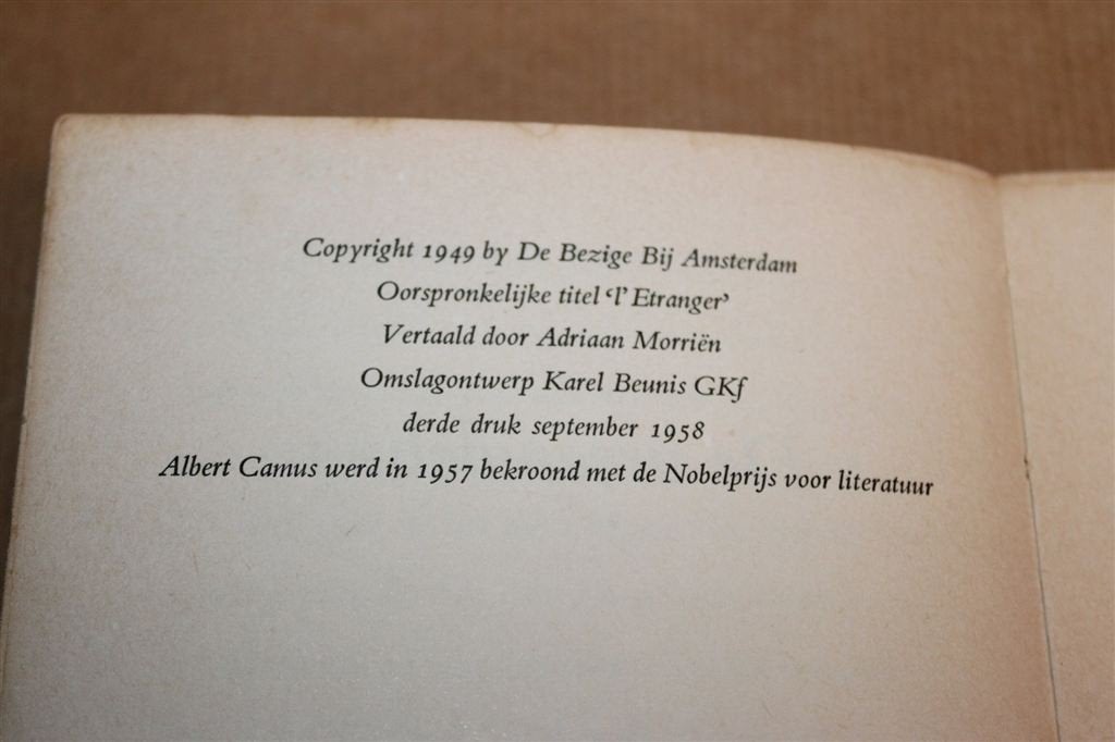 De Vreemdeling — Albert Camus, De Bezige Bij 1958, Ophalen of Verzenden, Gelezen