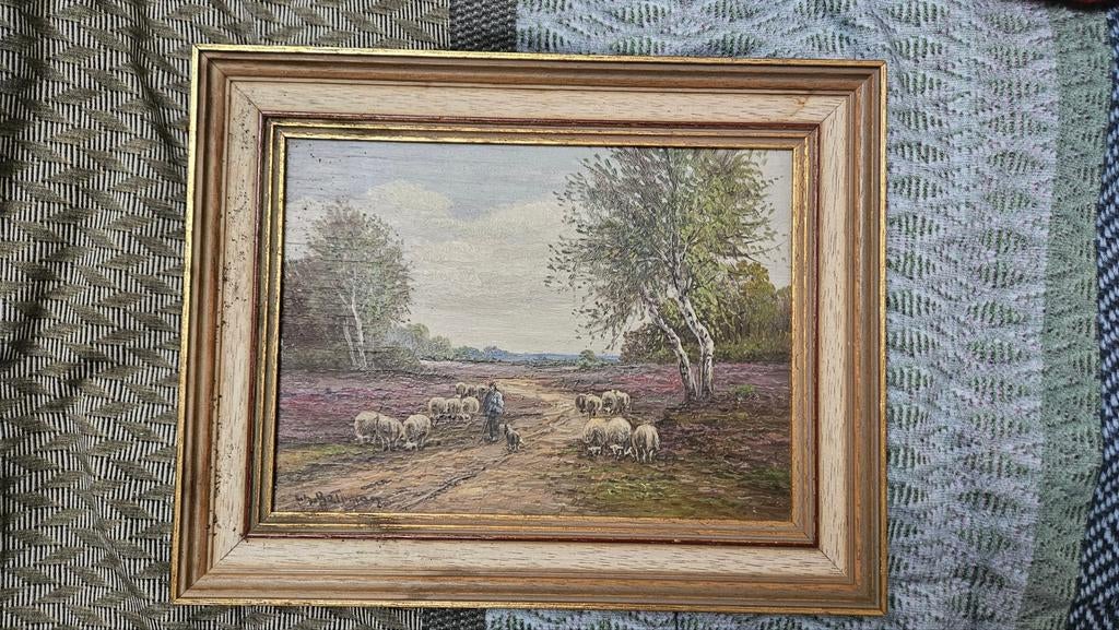 Olieverfschilderijtje Herder met schapen op de heide, Antiek en Kunst, Kunst | Schilderijen | Klassiek, Ophalen