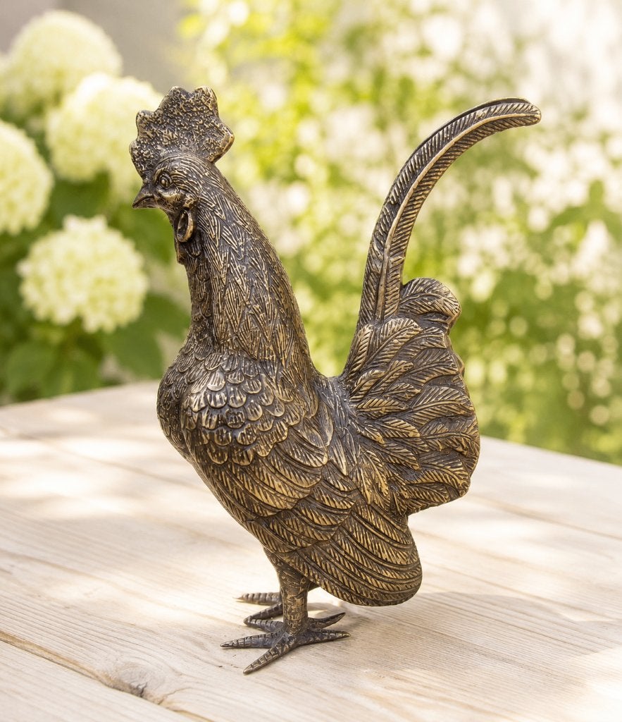 HAAN MET HEN / brons / tuinbeeld/ kippen, Dierenbeeld, Nieuw, Info@huisentuindecoratiemarie.nl, Huis en tuin decoratie marie