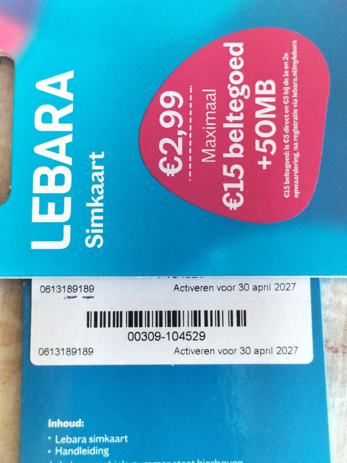 06-13-189-189 MOOI NUMMER LEBARA PREPAID SIMKAART NUMMER, Ophalen of Verzenden, Nieuw, KPN, Simkaart