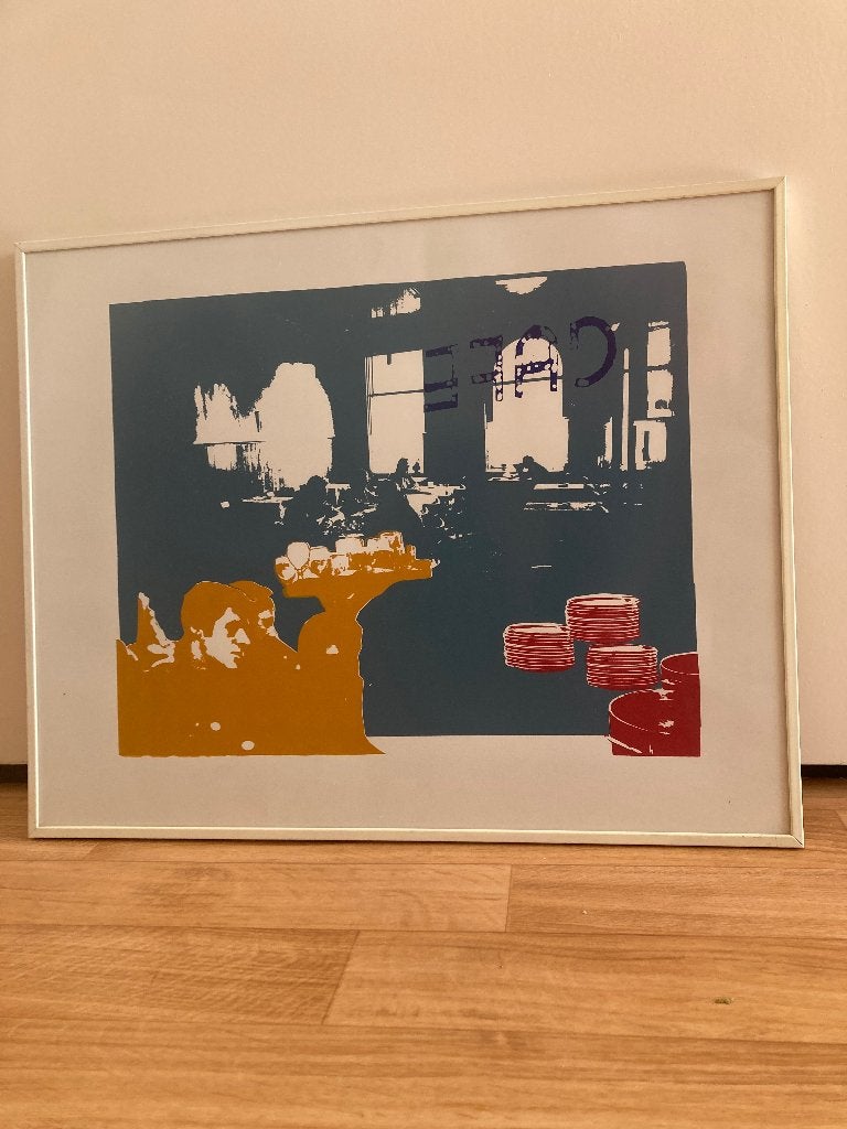 Modern schilderij: Ober met dienblad, 50x40 cm, Antiek en Kunst, Ophalen, Abstract, Papier/karton, Zeefdruk
