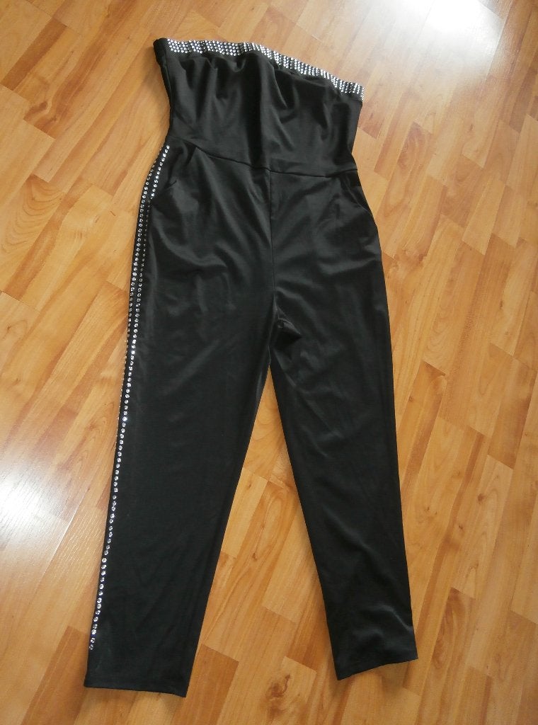 Zwarte strapless jumpsuit XL Chicme licht glans mt steentjes, Zwart, Maat 42/44 (L), Nieuw, Ophalen of Verzenden